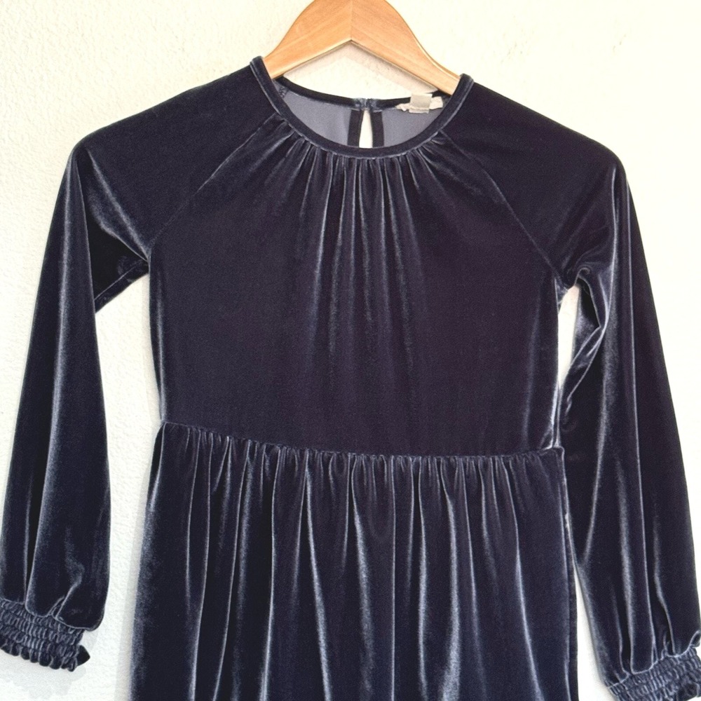 Crewcuts Velvet Tiered Party Dress Kids Size S Long Sleeve Ruffle Slate Blue - Picture 3 of 12